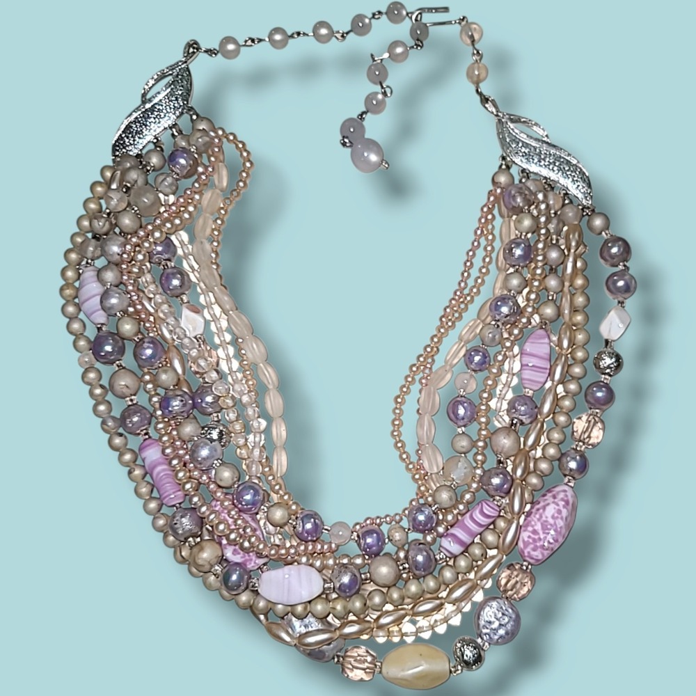 Vintage Japan Lavender & Cream Multistran Statement Necklace 13"-18"